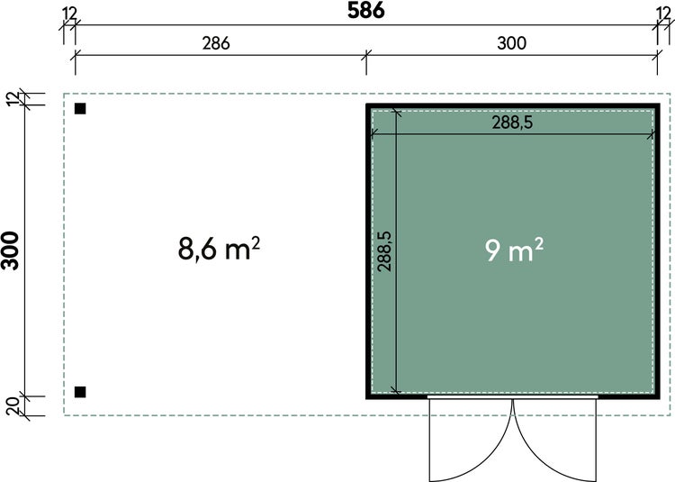Grundrisszeichnung eines Gartenhauses mit Terrasse, Abmessungen in Zentimetern und Flächenangaben in Quadratmetern.