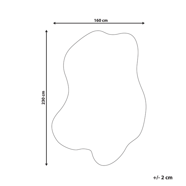 Maßzeichnung einer unregelmäßigen Form mit 160 Zentimeter Breite, 230 Zentimeter Länge und plus minus 2 Zentimeter Toleranz.