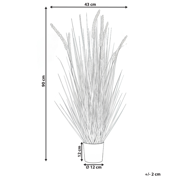 Abbildung einer Kunstpflanze mit den Maßen Höhe 90 cm, Breite 43 cm, Topfhöhe 12 cm, Topfdurchmesser 12 cm.