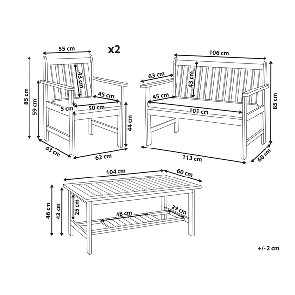Abmessungen von Gartenmöbelset mit zwei Stühlen, einer Bank und einem Tisch
