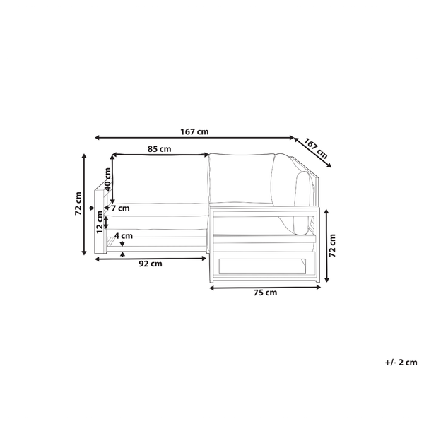Maßzeichnung eines Sofas mit den Maßen 167 x 167 x 72 Zentimeter