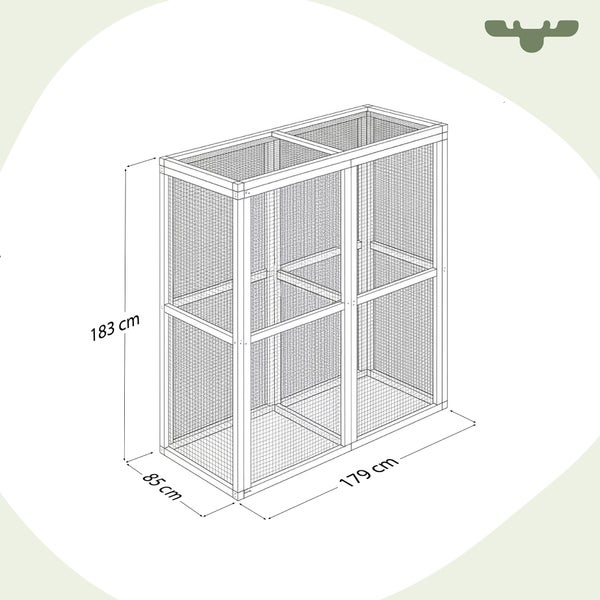 Abbildung einer Vogelvoliere mit den Maßen 183 cm Höhe, 85 cm Breite und 179 cm Länge.