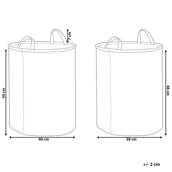 Technische Zeichnung zweier Wäschekörbe mit Maßen: 50 mal 40 Zentimeter und 48 mal 38 Zentimeter sowie 7 Zentimeter hohen Griffen.