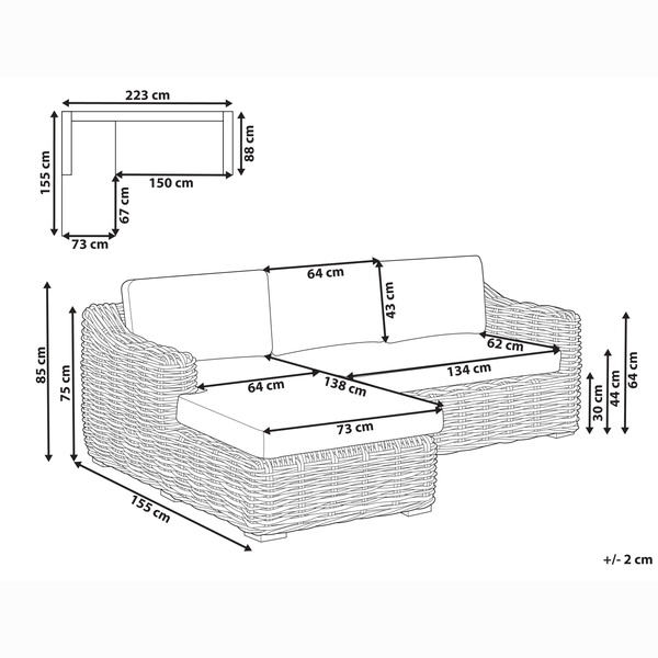 Garten Ecksofa 3-Sitzer VALLETRI rechtsseitig Rattan Grau