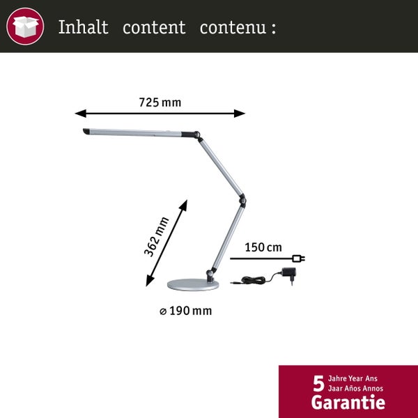LED Schreibtischleuchte 3-Step-Dim FlexBar White Switch 700lm 9,5W Silber matt