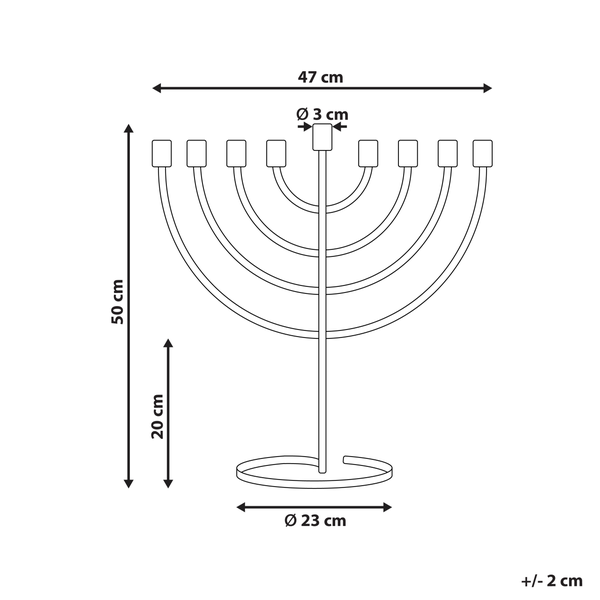 Abmessungen einer Chanukka Menora mit neun Armen.
