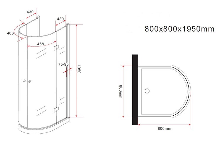 Technische Zeichnung einer Duschkabine mit Maßen 800 x 800 x 1950 Millimeter.