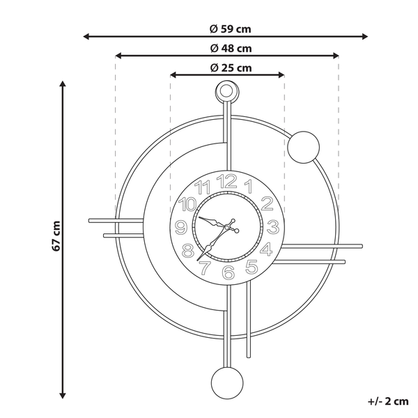 Maßzeichnung Wanduhr: Höhe 67 Zentimeter, Durchmesser 59, 48 und 25 Zentimeter. Abweichung plus minus 2 Zentimeter.
