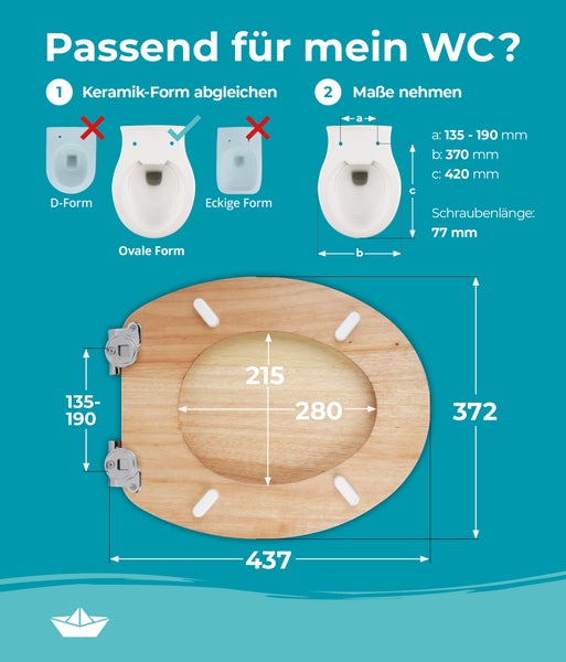 Calmwaters® WC Sitz mit Absenkautomatik Holz, Toilettensitz Modern Wellness, Holzkern Toilettendeckel, Fast-Fix, Metallscharnier, universale O-Form, ovaler Klodeckel, Echtholzfurnier Kiefer, 26LP2846