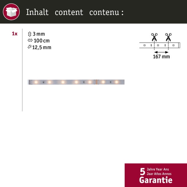 Produktverpackungsdetails LED Lichtleiste mit den Maßen drei Millimeter mal 100 Zentimeter mal 12,5 Millimeter und der Möglichkeit zum Kürzen alle 167 Millimeter. Fünf Jahre Garantie.