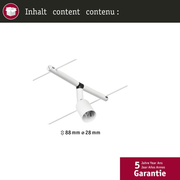 Seilsystem Strahler in Weiß mit 88 Millimeter Höhe und 28 Millimeter Durchmesser inklusive 5 Jahre Garantie.