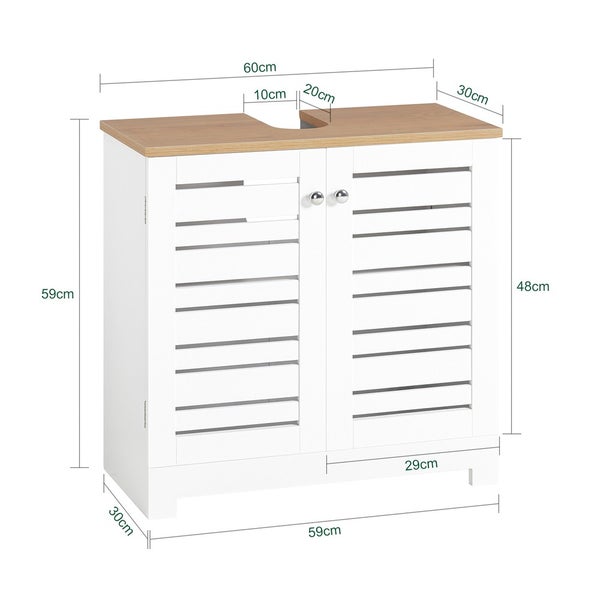 Waschtischunterschrank mit den Maßen 60 cm Breite, 59 cm Höhe und 30 cm Tiefe.