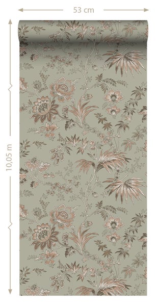 ESTAhome Tapete Blumenmuster Mintgrün und Hellrosa - 53 cm x 10.05 m - 139297