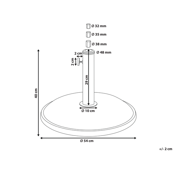 Maßzeichnung runder Sonnenschirmständer: Durchmesser 54 Zentimeter, Höhe 40 Zentimeter. Rohr 48 Millimeter mit Adaptern für 32, 35 und 38 Millimeter.