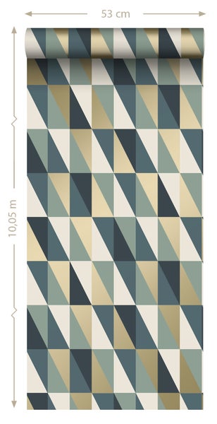 ESTAhome Tapete grafische Dreiecke Gold, Grün und Blau - 53 cm x 10.05 m - 139197