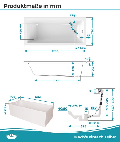 Maßzeichnung einer rechteckigen Badewanne mit Abmessungen in Millimeter, Ansicht von oben, von der Seite, Wannenträger und Ablaufgarnitur.