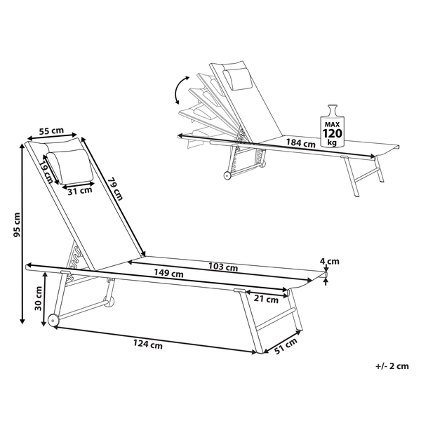 Abmessungen einer Sonnenliege mit verstellbarer Rückenlehne und maximaler Belastbarkeit von 120 Kilogramm