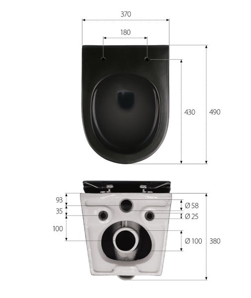 aquaSu® Spülrandloses Wand WC in matt schwarz, Tiefspüler, Inklusive WC-Sitz mit Absenkautomatik, Toilettendeckel aus Duroplast, Abgang waagerecht, Hänge WC zur Wandmontage, 048859