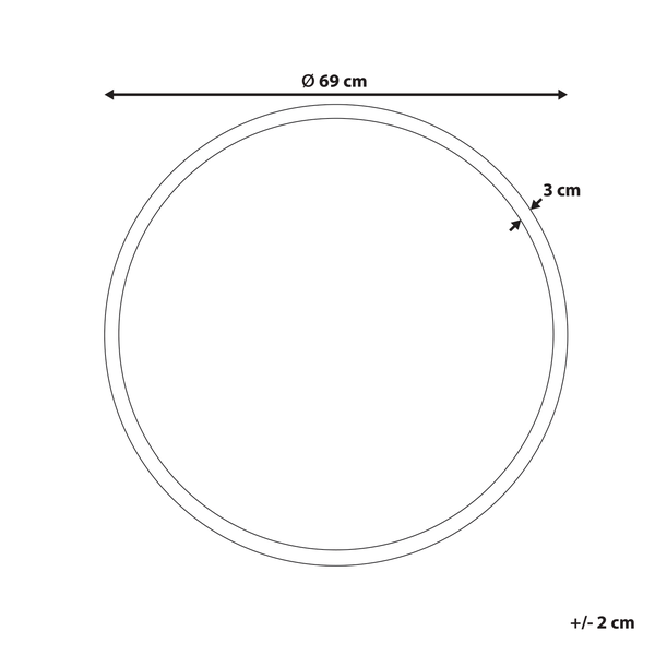 Skizze eines runden Objekts mit einem Durchmesser von 69 Zentimetern und einer Dicke von 3 Zentimetern