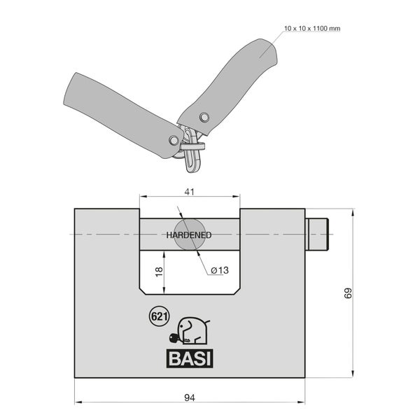 BASI - Kettenschloss Sicherheit - ZR 321 - Kombination bestehend aus ummantelte Stahlkette (10x1100mm) und Vorhangschloss VHS 621 90mm mit Zylinderabdeckung -  Verschiedenschließend - inkl. 3 Schlüssel
