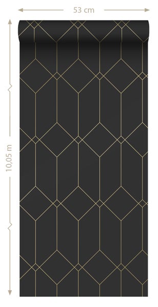 ESTAhome Tapete Art Decó Muster Schwarz und Gold - 53 cm x 10.05 m - 139746