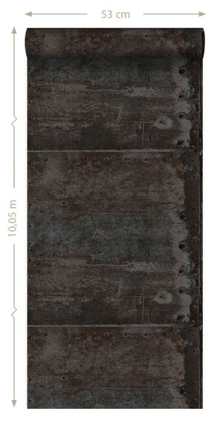 Origin Wallcoverings Tapete große verwitterte rostige Metallplatten Schwarz und dunkles Petrolblau - 53 cm x 10.05 m - 337227