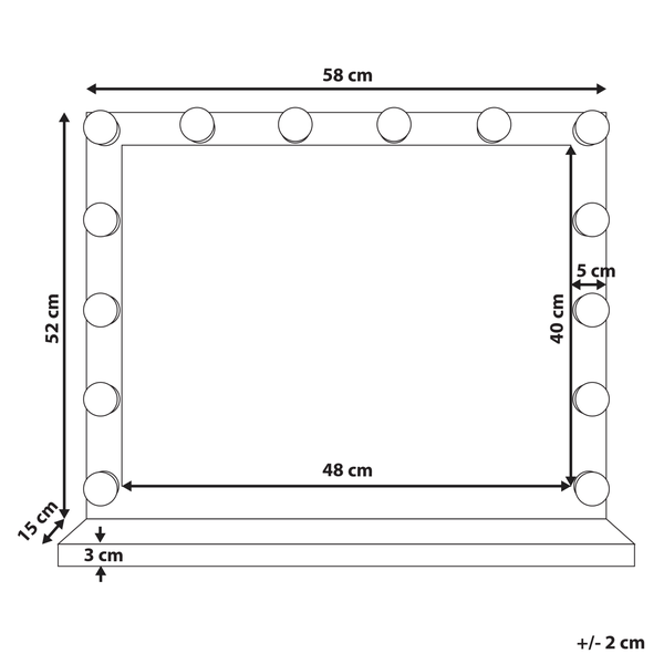 Abmessungen eines Kosmetikspiegels mit Beleuchtung: 58 cm breit, 52 cm hoch, Ablagefläche 15 cm tief