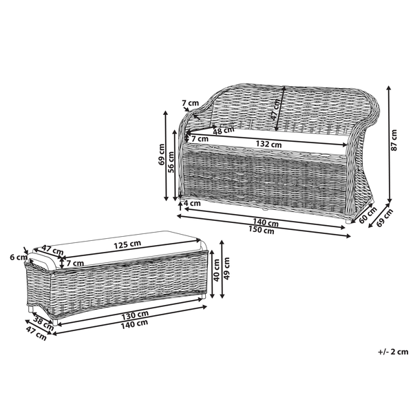 Maßzeichnung eines Gartensofas und einer Bank aus Polyrattan mit detaillierten Angaben zu Breite, Höhe und Tiefe in Zentimetern.