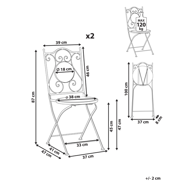 Technische Zeichnung von zwei Klappstühlen mit Maßangaben und maximaler Belastbarkeit