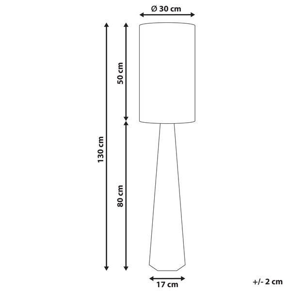 Abmessungen einer Stehlampe: Gesamthöhe 130 cm, Lampenschirm 50 cm hoch, Durchmesser 30 cm, Lampenfuß 80 cm hoch, Durchmesser 17 cm.