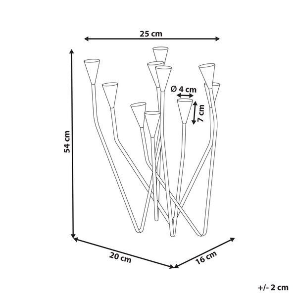 Abmessungen eines Kerzenständers mit neun Kerzenhaltern: 54 Zentimeter Höhe, 25 Zentimeter Breite, 20 Zentimeter Tiefe und 4 Zentimeter Durchmesser je Halter