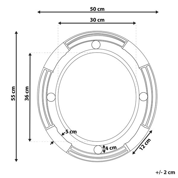 Maßzeichnung eines runden Gegenstands mit Angaben zu Durchmesser und Abmessungen in Zentimetern