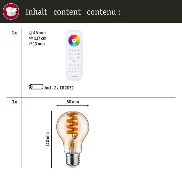 Set Filament 230V LED Birne Zigbee AGL RGBW + Gent 2.0 3x470lm 3x6,3W RGBW+ dimmbar Gold