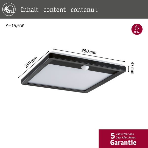 LED Außenpanel Lamina Backlight Dämmerungsgesteuerter Bewegungsmelder (IR) seewasserresistent IP44 eckig 250x47mm 3000K 14,5W 950lm 230V Schwarz Kunststoff