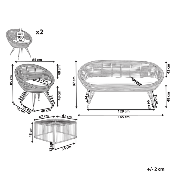 Abmessungen von Lounge-Set mit Sofa, zwei Sesseln und Tisch