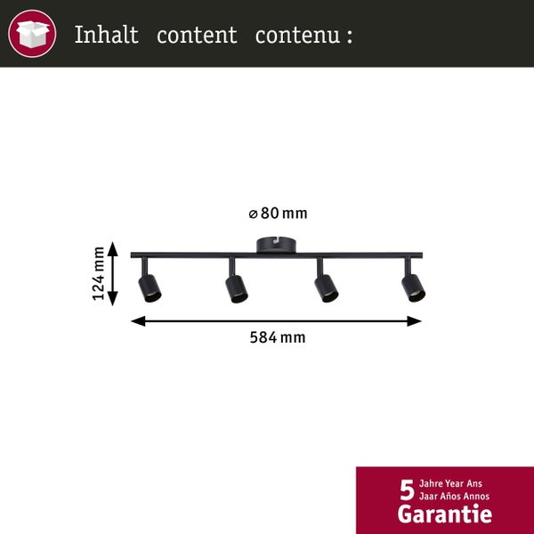 Technische Zeichnung einer Deckenleuchte mit vier Strahlern und Maßangaben