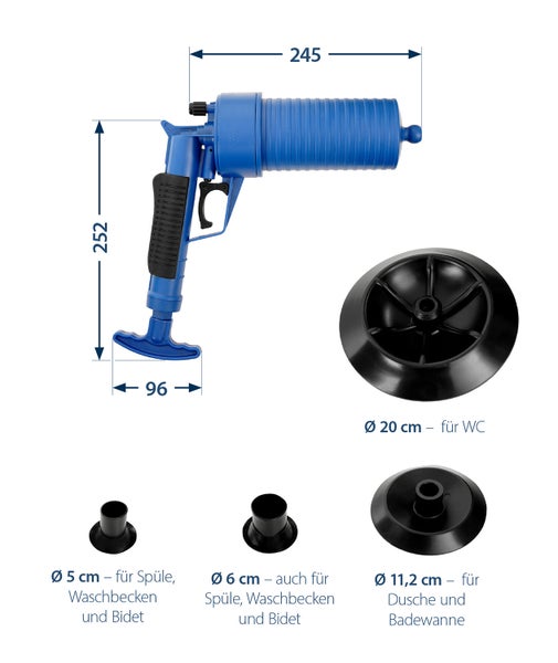 Sanitop-Wingenroth Pressluft Rohrreiniger Druckluft | für alle Abflüsse im Sanitärbereich | bis 3,5 Bar | inklusive 4 PVC-Aufsätzen | ohne Chemikalien | Abflussreiniger Pumpe | 254434
