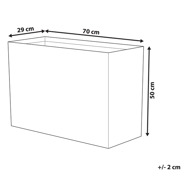 Abbildung eines Pflanzkastens mit den Maßen 70 cm Länge, 29 cm Breite und 50 cm Höhe
