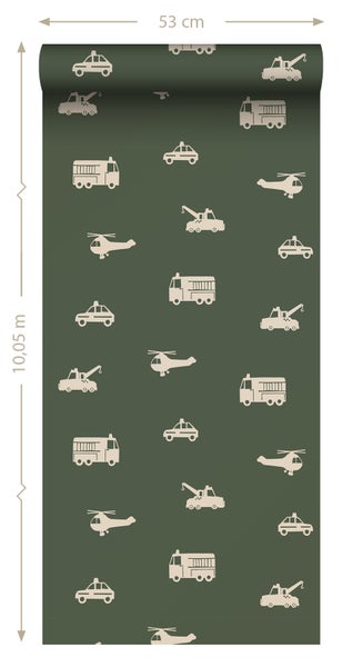 ESTAhome Tapete Autos, Löschfahrzeuge, Hubschrauber und Kräne Olivgrün - 50 x 900 cm - 131455