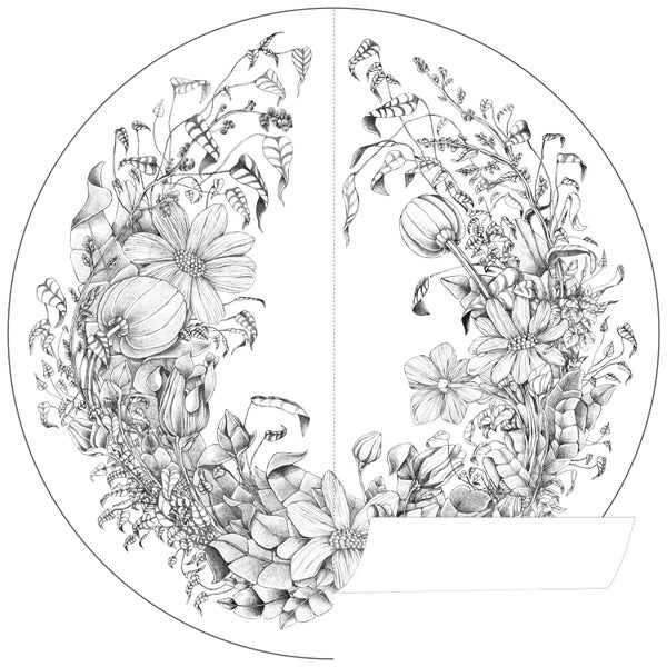 ESTAhome selbstklebende runde Tapete Blumenzeichnungen Schwarz-Weiß - Ø 70 cm - 159108