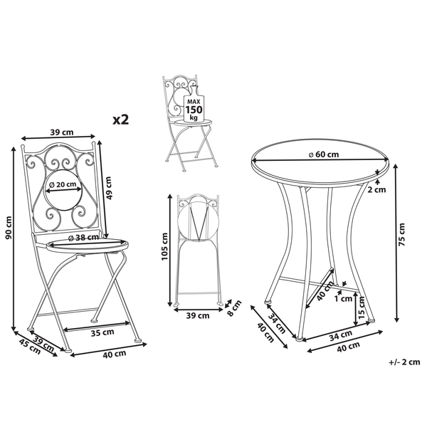 Abmessungen Gartentisch und Gartenstühle