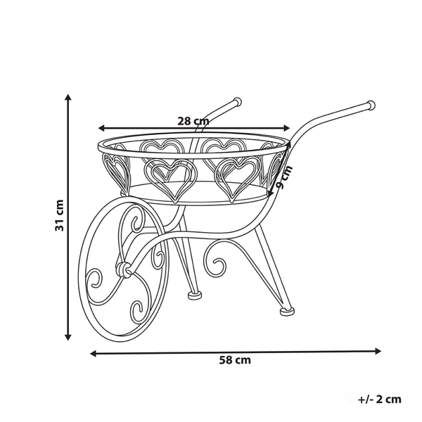 Maßskizze eines dekorativen Blumenwagens in Schubkarrenform mit Herzmuster, Höhe 31 Zentimeter, Länge 58 Zentimeter.