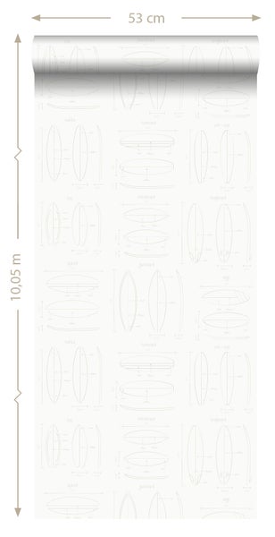ESTAhome Tapete technische Zeichnungen von Surfbrettern Weiß und Silber - 53 cm x 10.05 m - 128869