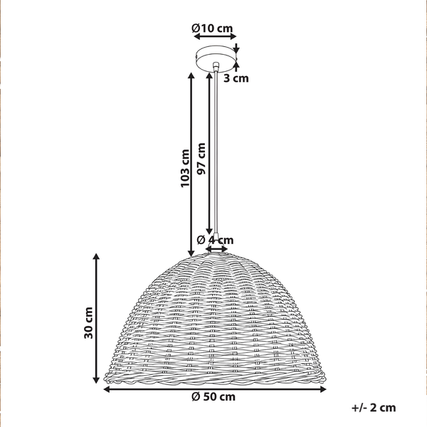 Maßzeichnung einer Pendelleuchte mit gewebtem Schirm. Durchmesser 50 Zentimeter, Höhe 30 Zentimeter, Gesamthöhe 103 Zentimeter.