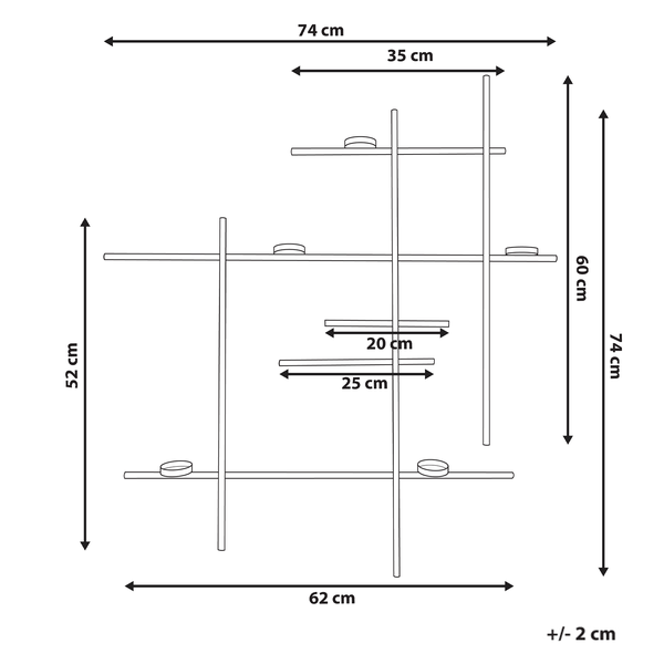 Abmessungen eines Regals mit einer Breite von 74 cm, einer Höhe von 74 cm und einer Tiefe von 62 cm