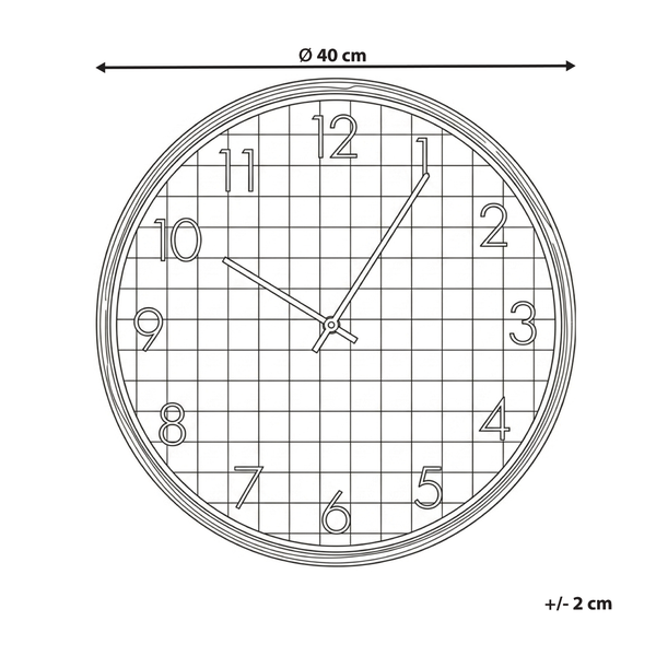 Wanduhr mit Karomuster und Ziffernblatt, Durchmesser 40 Zentimeter, mit Toleranzangabe plus minus 2 Zentimeter.