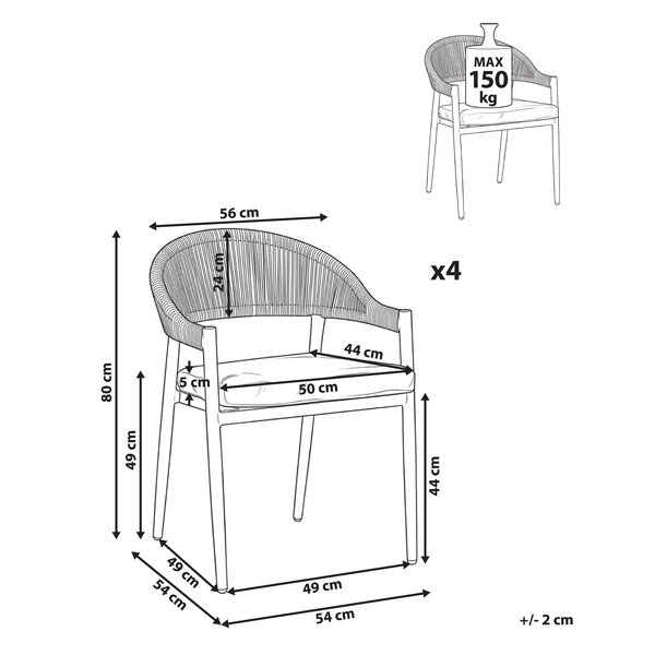 Maßskizze für ein Set aus 4 Gartenstühlen: Höhe 80 Zentimeter, Breite 56 Zentimeter, Sitzhöhe 44 Zentimeter. Tragkraft 150 Kilogramm pro Stuhl.