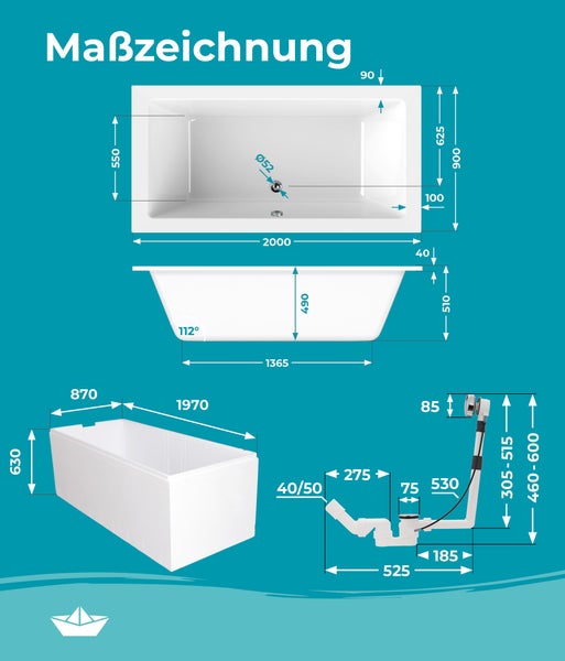 Calmwaters® Acryl Premium Badewanne Komplettset 200x90 cm - Made in EU - mit Wannenträger & Ablaufgarnitur - Duo-Badewanne 2 Personen