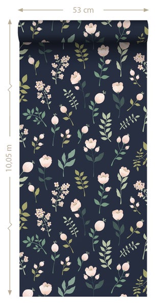 ESTAhome Tapete Blumen Dunkelblau, Rosa und Grün - 53 cm x 10.05 m - 139341