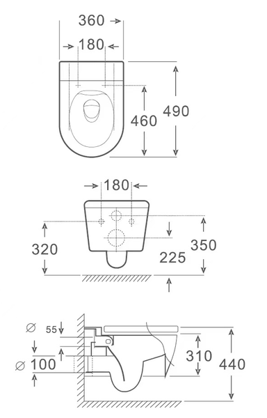 Technische Zeichnung eines Wand-WCs mit Maßangaben für die Installation.